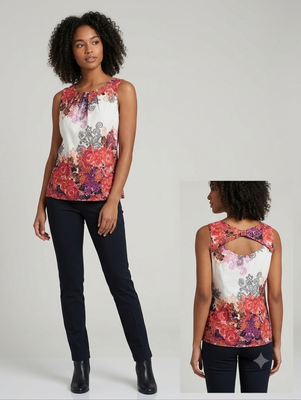 ​Linea Domani Floral Paisley Bow Back Cutout Shell Tank Top Blouse Red Pink Sz 8
